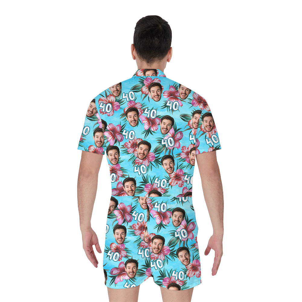 Birthday Blue Hawaiian Men Romper with Custom Face and Age