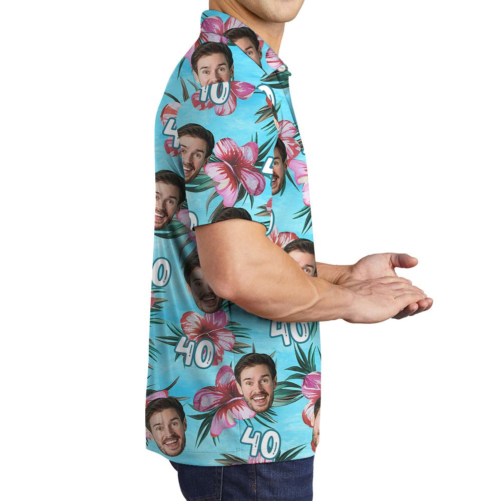 Birthday Blue Hawaiian Men Polo Shirt with Custom Face and Age
