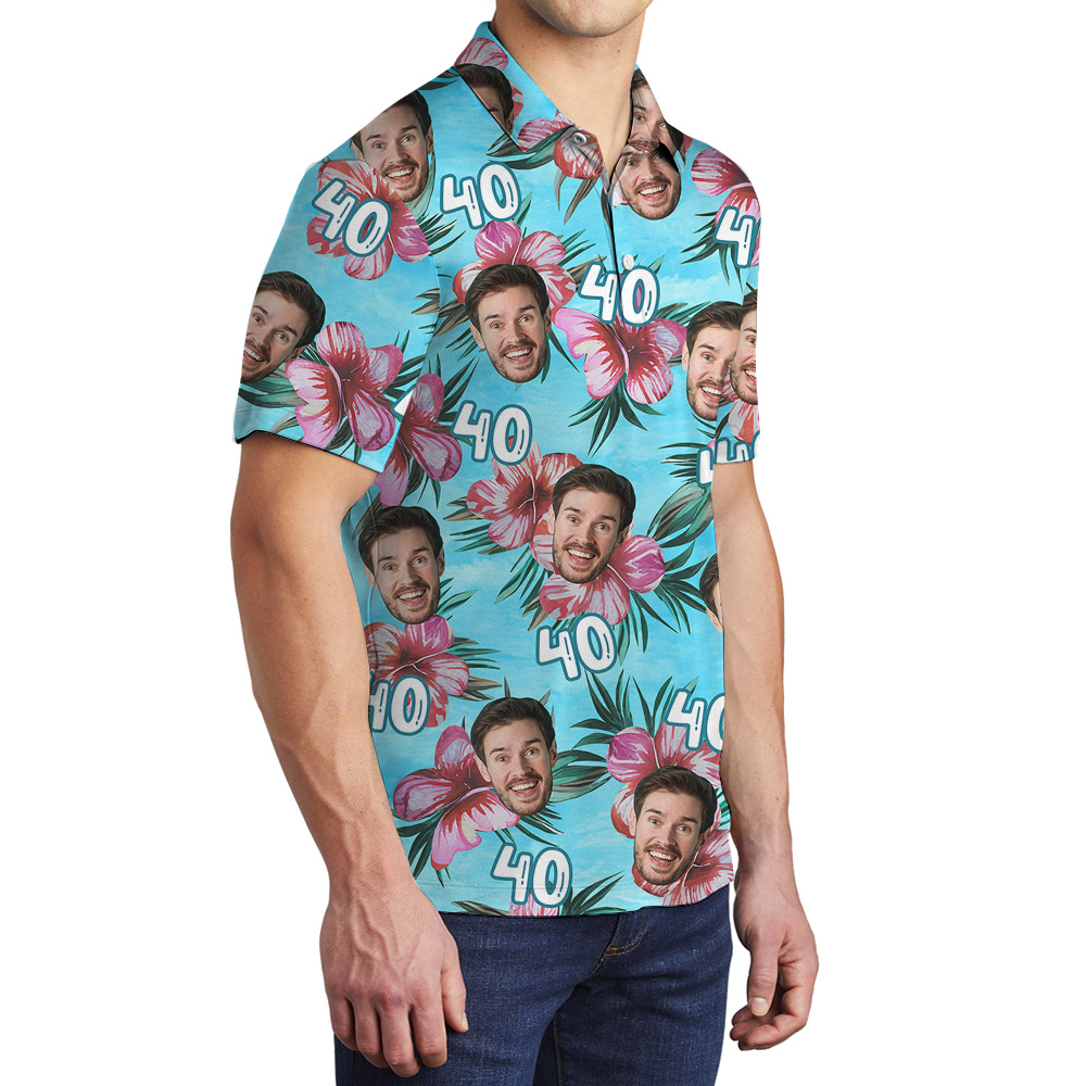 Birthday Blue Hawaiian Men Polo Shirt with Custom Face and Age