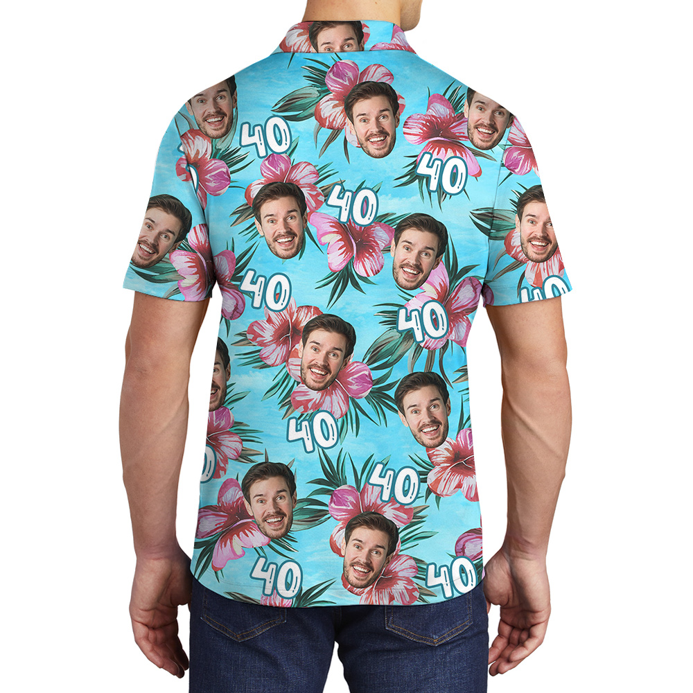 Birthday Blue Hawaiian Men Polo Shirt with Custom Face and Age