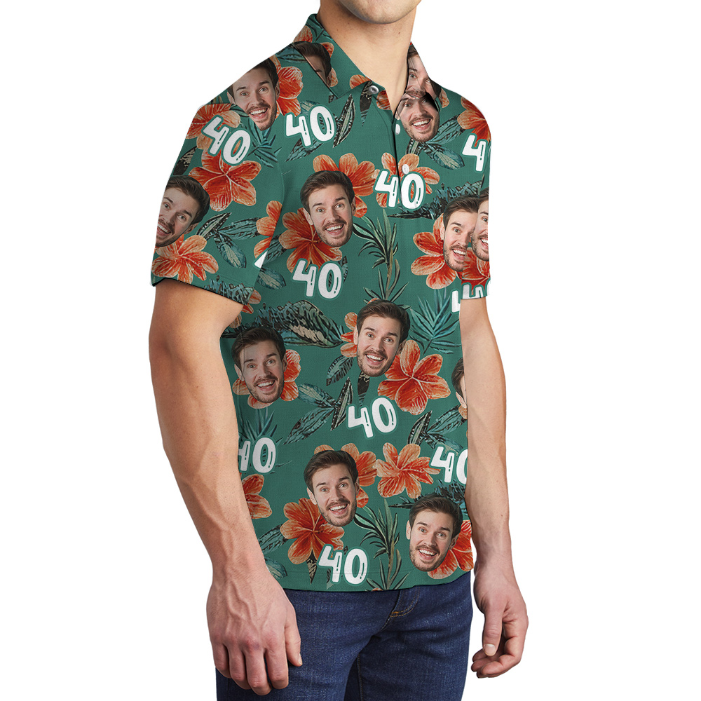 Custom Face and Age Birthday Hawaiian Men Polo Shirt