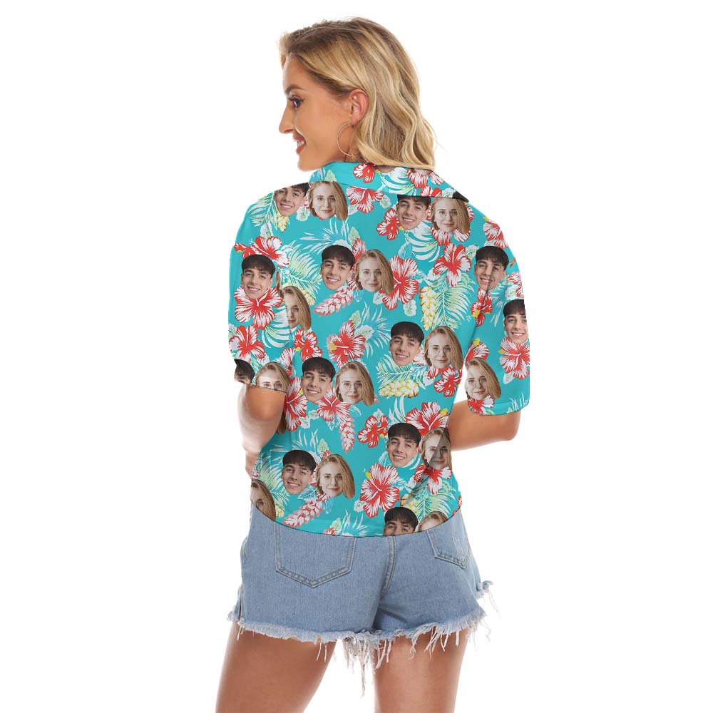 Custom Face Women Crop Top With Hibiscus Blue Print