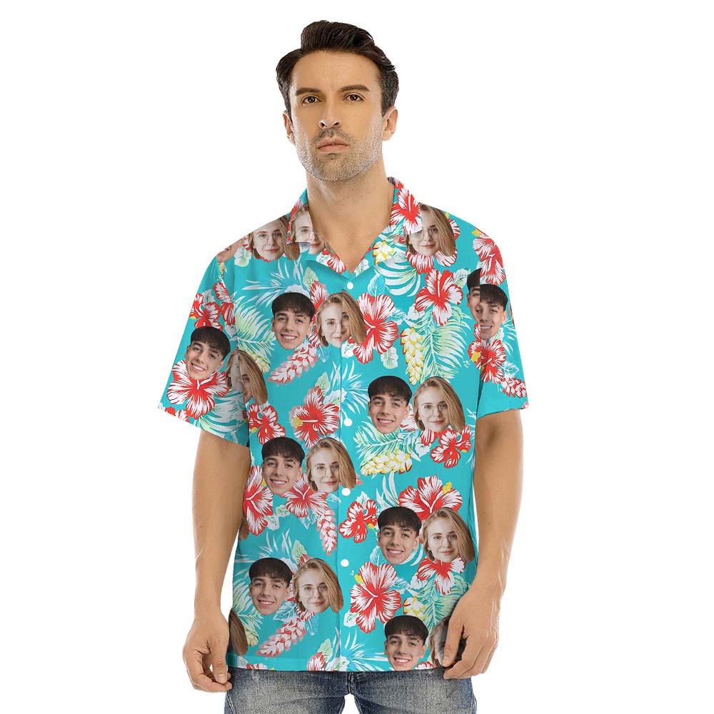 Faces On Matching Family Hawaiian Shirts Blue