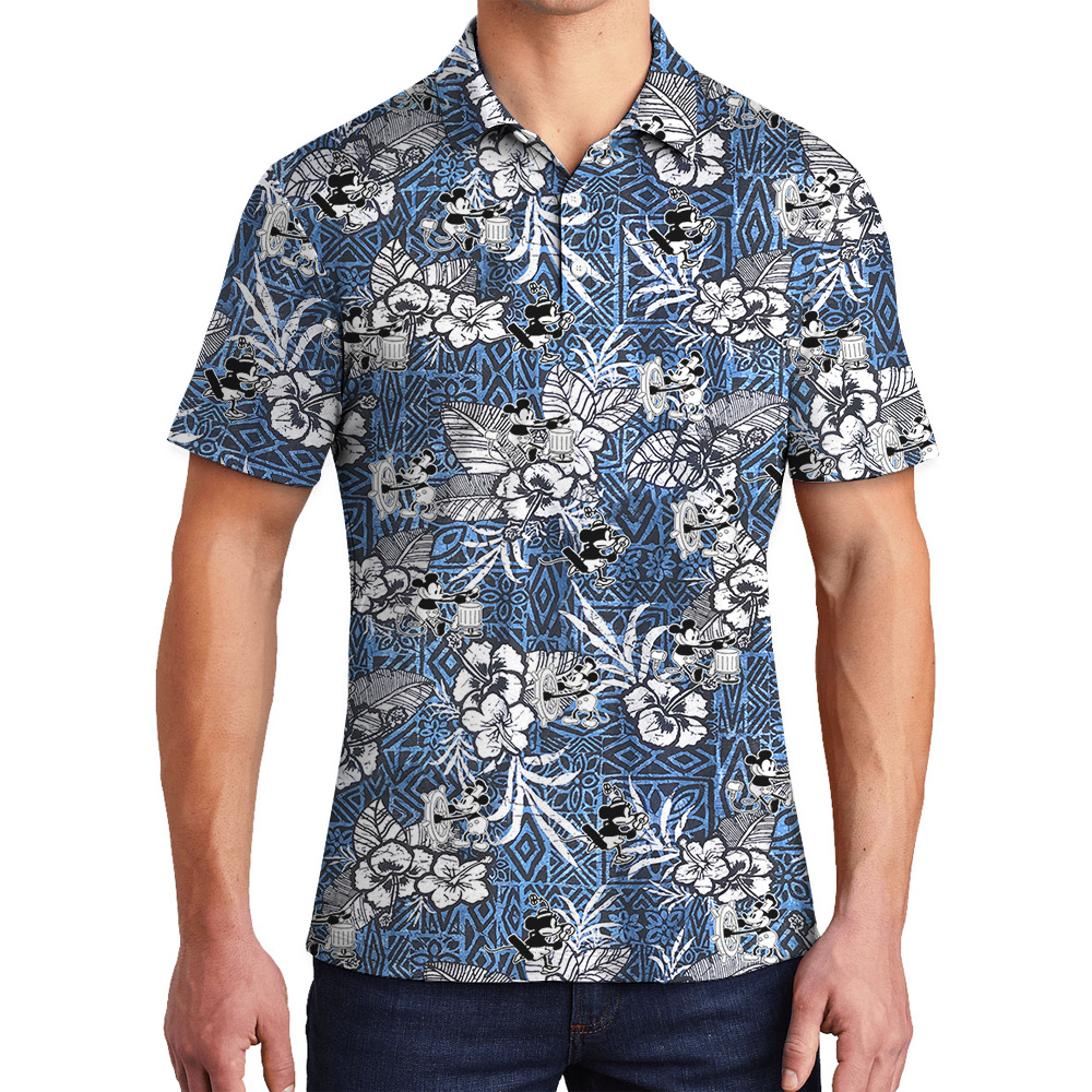 Cute Steamboat Willie Mickey Classic Hibiscus Navy Men's Hawaiian Polo Shirt - variant image 1