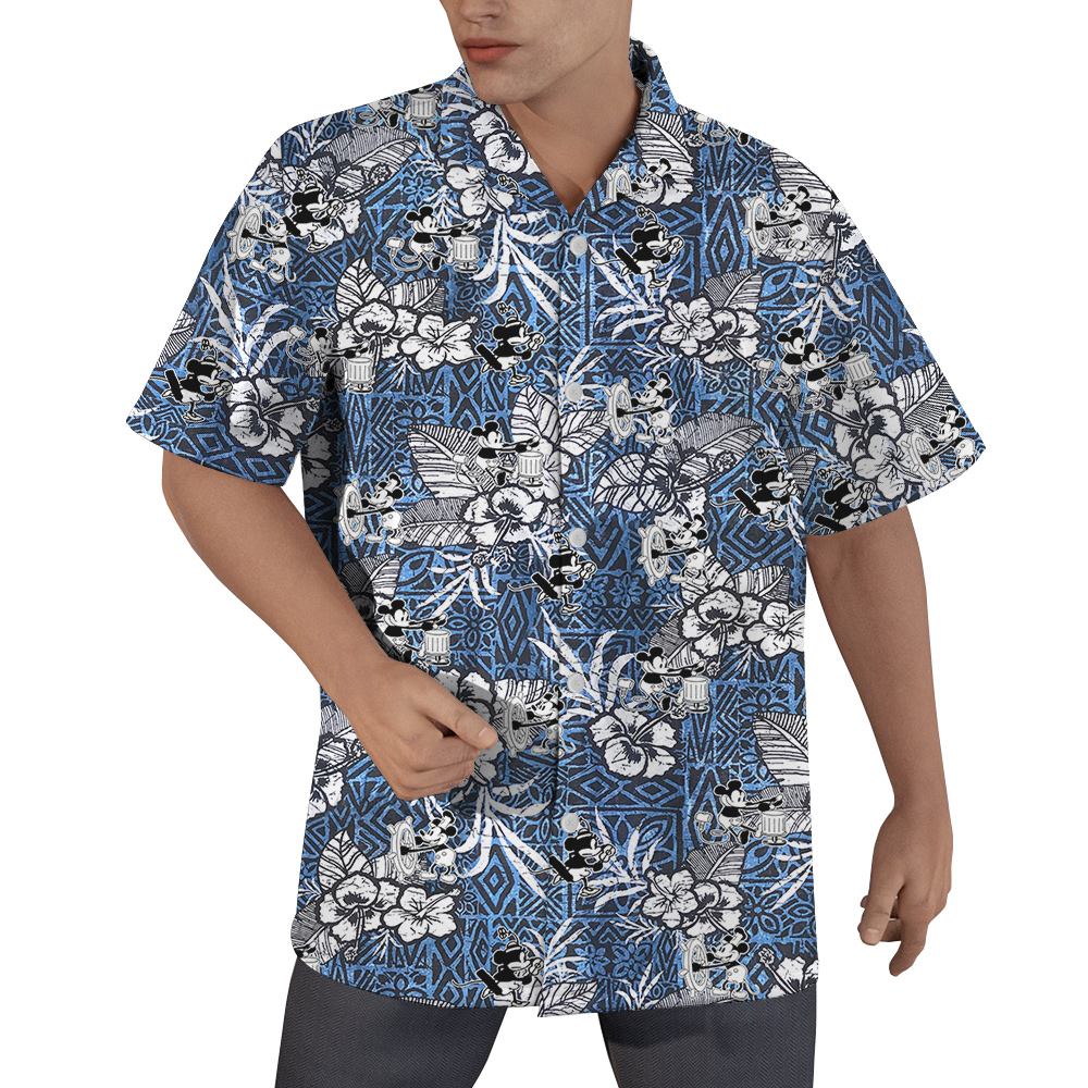 Hibiscus Steamboat Willie Mickey Navy Vintage Hawaiian Shirt - variant image 1