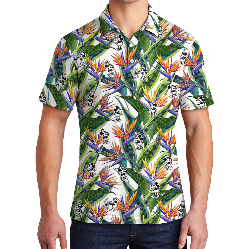 Floral Steamboat Willie Mickey Tropical Hawaiian Polo Shirt For Men - variant image 1