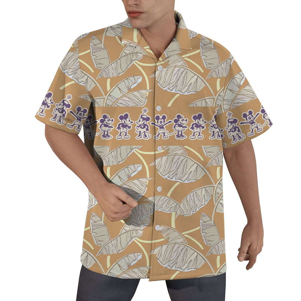 Vintage Mickey Steamboat Willie Tropical Leaves Brown Hawaiian Shirt - variant image 1