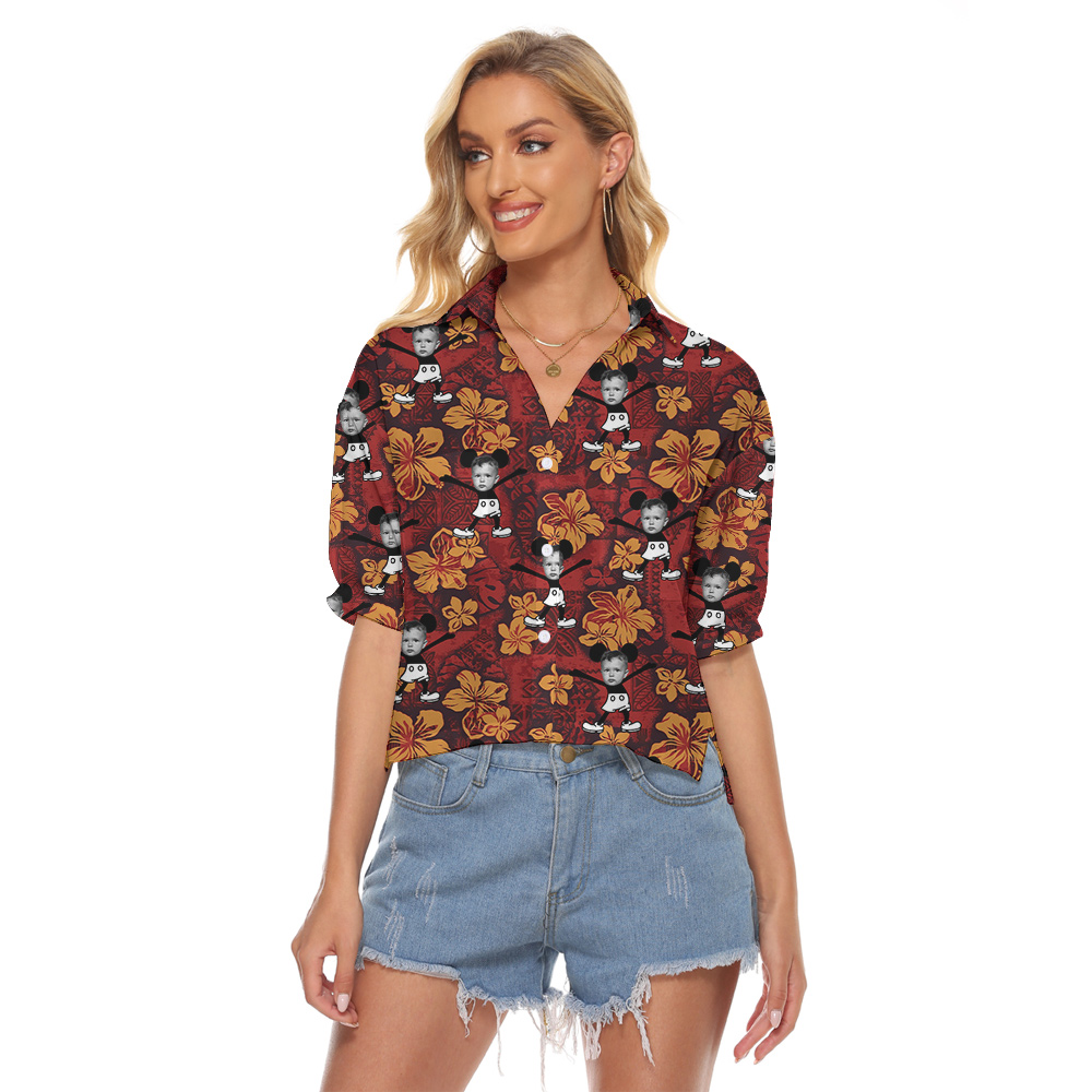 Funny Custom Face Vintage Floral Mickey Steamboat Willie Hawaiian Crop Top Shirt - variant image 1
