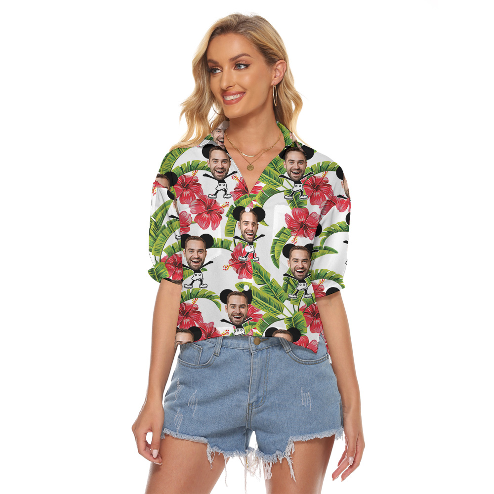Floral Mickey Steamboat Willie Hawaiian Crop Top Shirt With Custom Face - variant image 1
