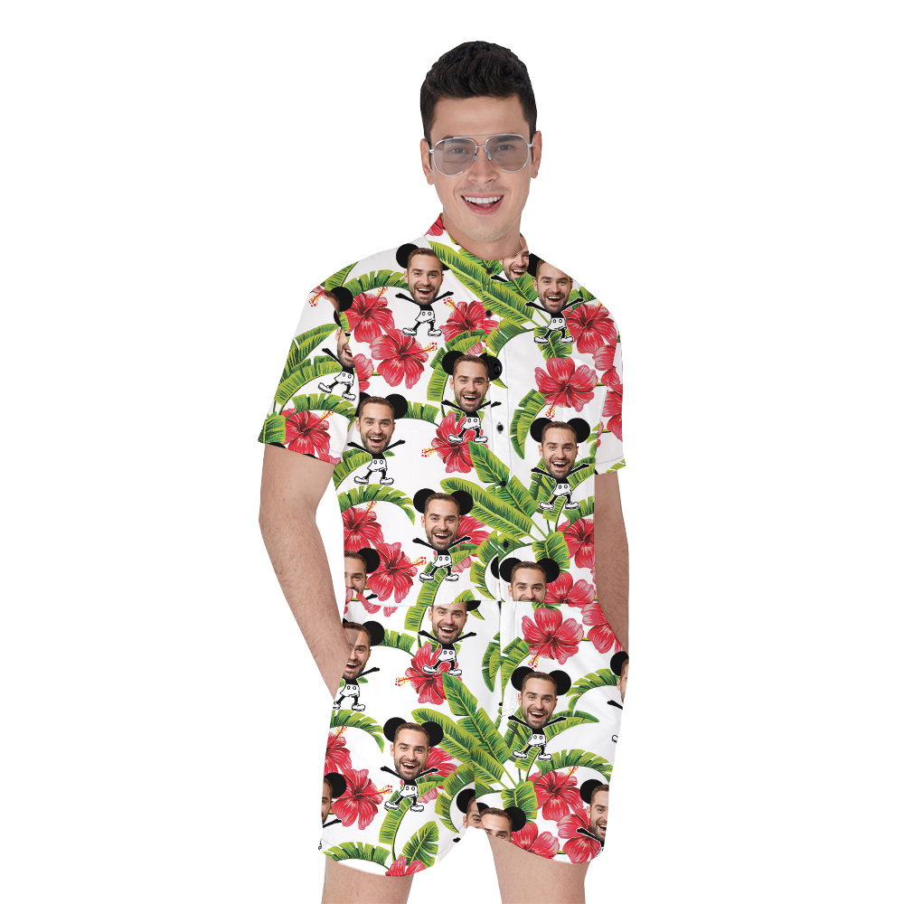 Funny Custom Face Steamboat Willie Mickey Floral Hawaiian Romper For Men - variant image 1