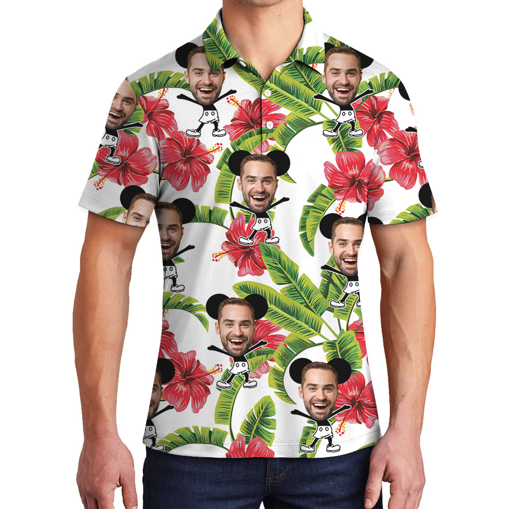 Funny Custom Face Steamboat Willie Mickey Floral Hawaiian Polo Shirt - variant image 1