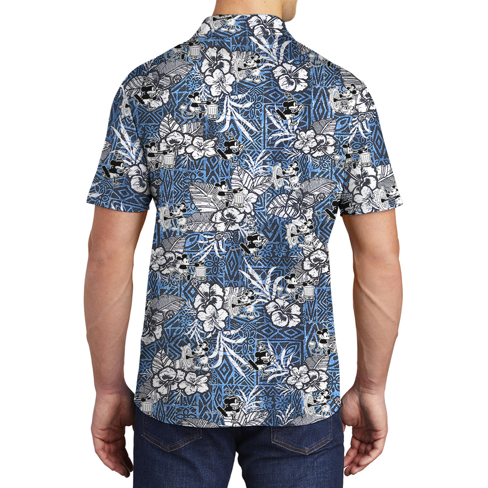 Cute Steamboat Willie Mickey Classic Hibiscus Navy Men's Hawaiian Polo Shirt