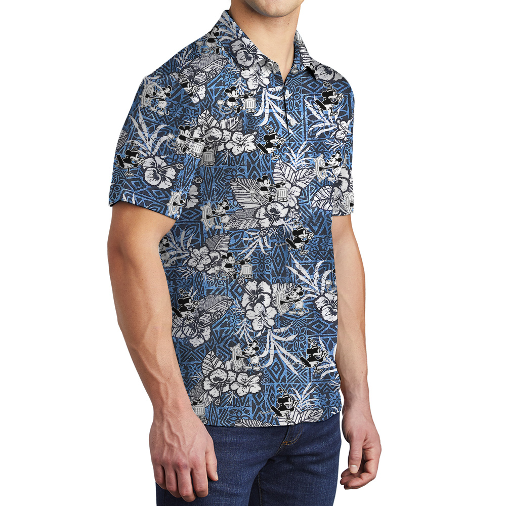 Cute Steamboat Willie Mickey Classic Hibiscus Navy Men's Hawaiian Polo Shirt