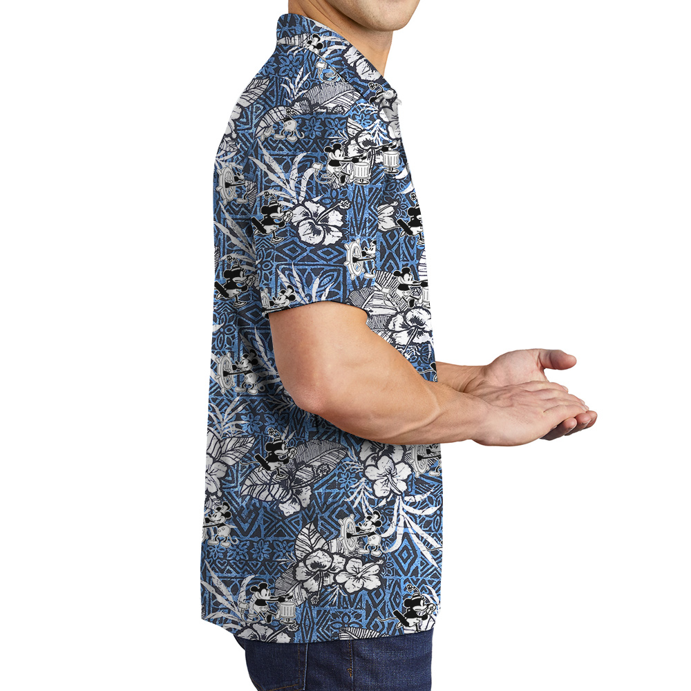 Cute Steamboat Willie Mickey Classic Hibiscus Navy Men's Hawaiian Polo Shirt