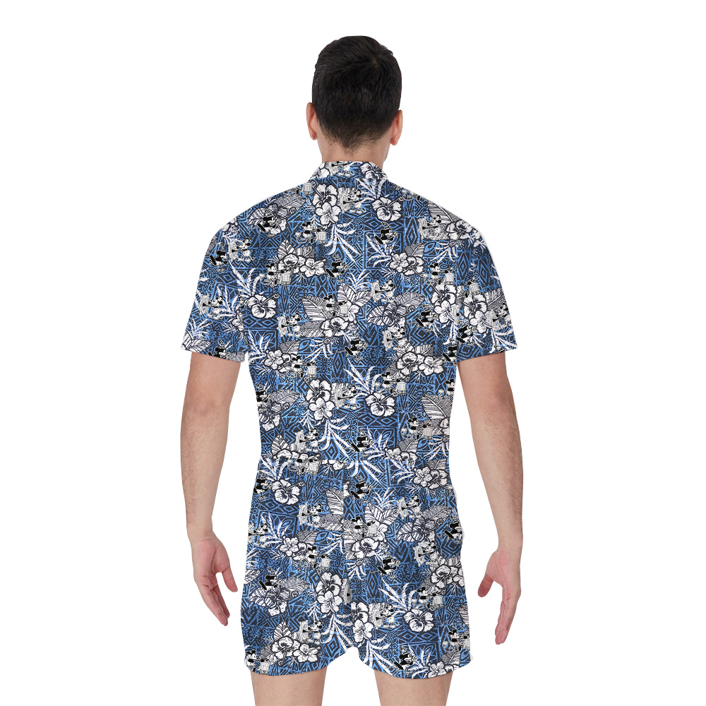 Cute Mickey Steamboat Willie Movie Classic Hibiscus Hawaiian Romper For Men