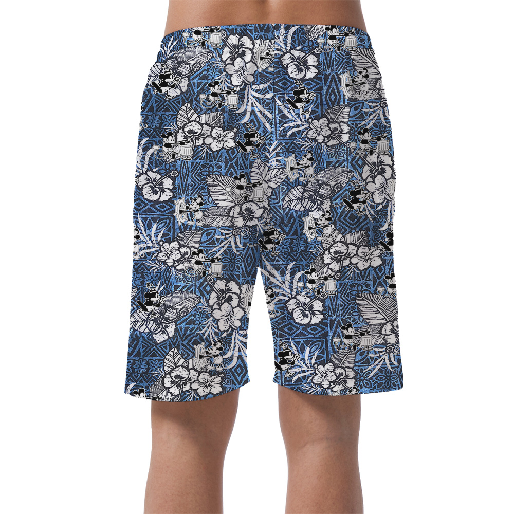 Classic Mickey Steamboat Willie Hibiscus Navy Men's Hawaiian Beach Shorts