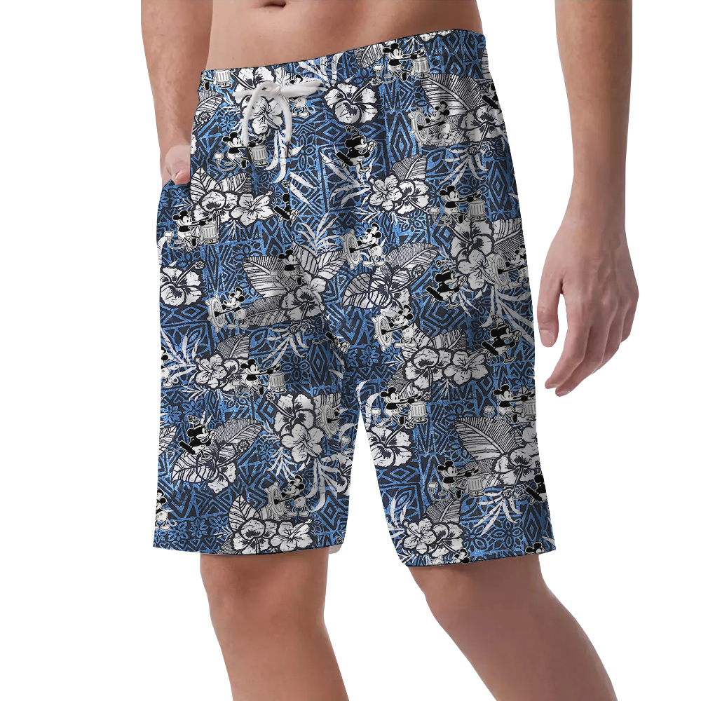 Classic Mickey Steamboat Willie Hibiscus Navy Men's Hawaiian Beach Shorts