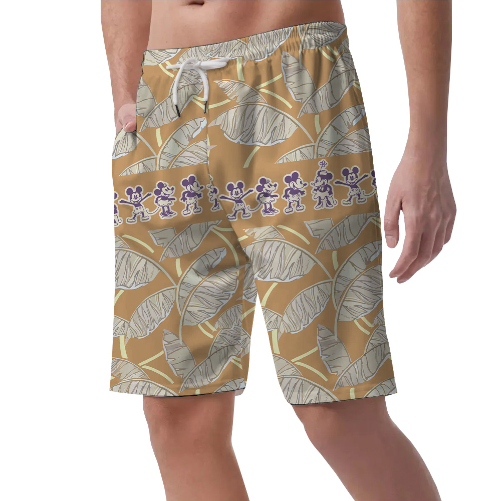 Cute Mickey Steamboat Willie Vintage Brown Hawaiian Beach Shorts For Men