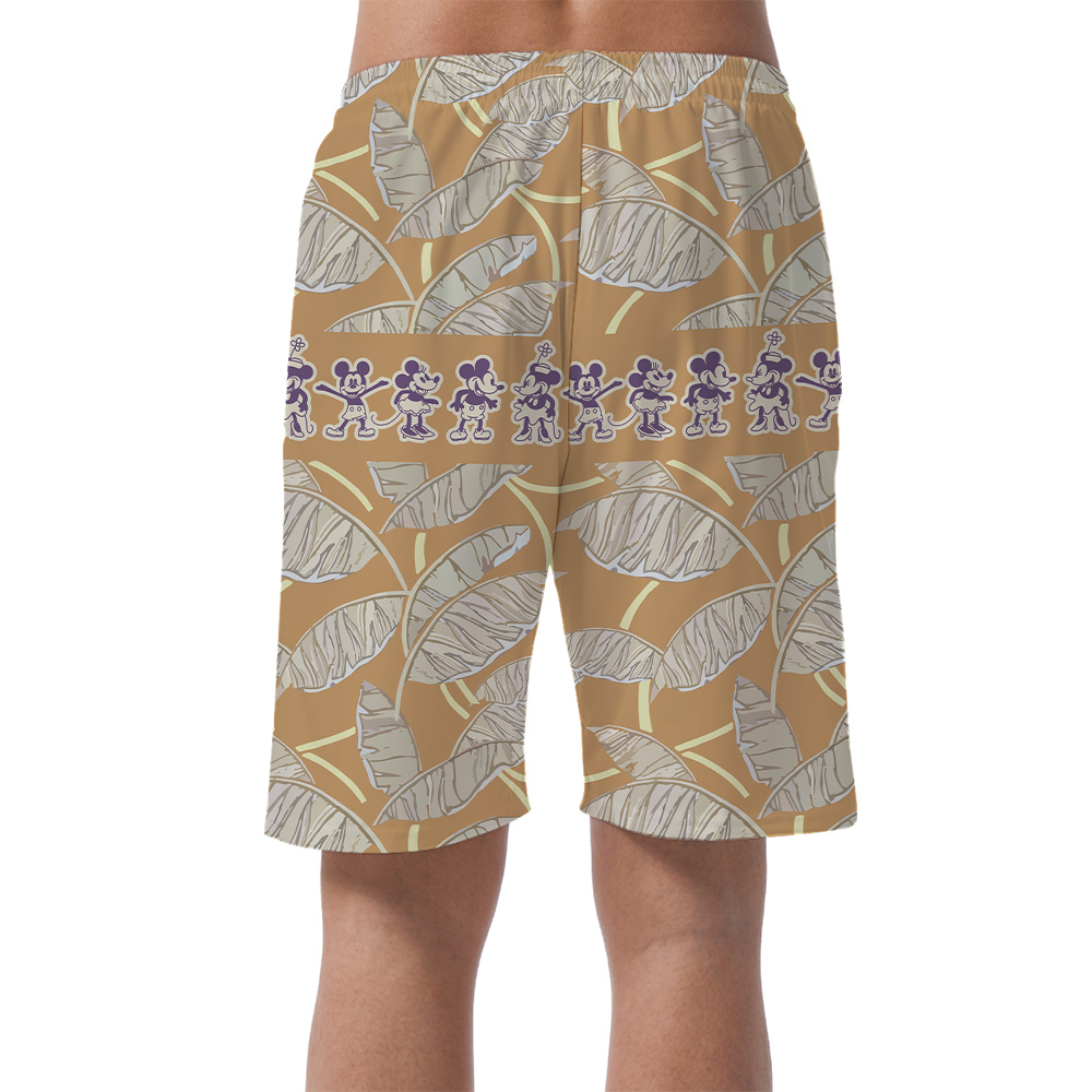 Cute Mickey Steamboat Willie Vintage Brown Hawaiian Beach Shorts For Men