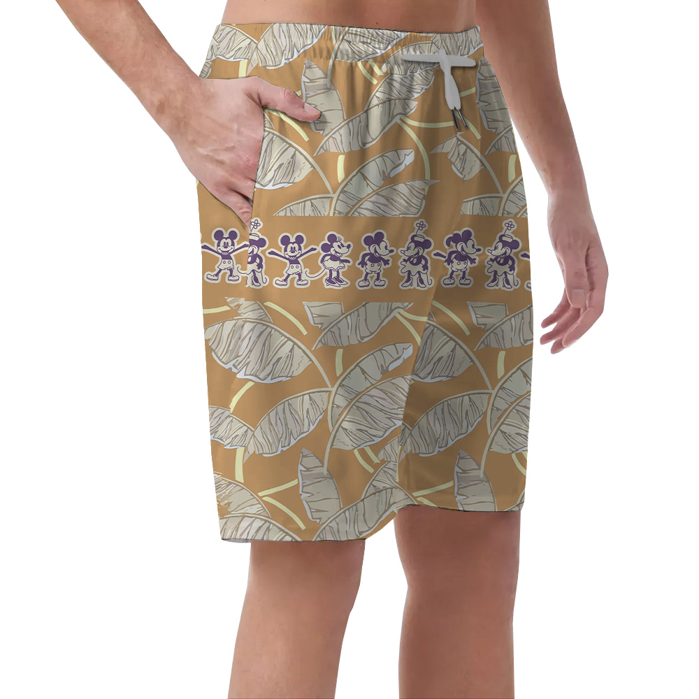 Cute Mickey Steamboat Willie Vintage Brown Hawaiian Beach Shorts For Men
