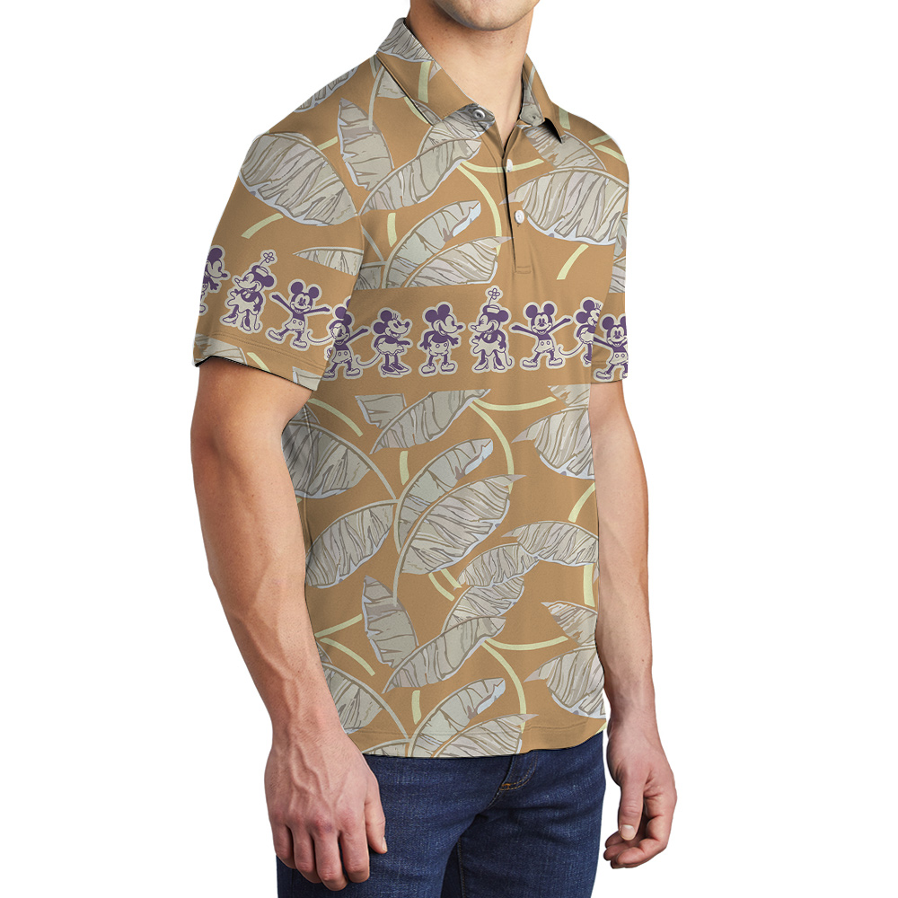 Vintage Mickey Steamboat Willie Tropical Leave Hawaiian Polo Golf Shirt For Men