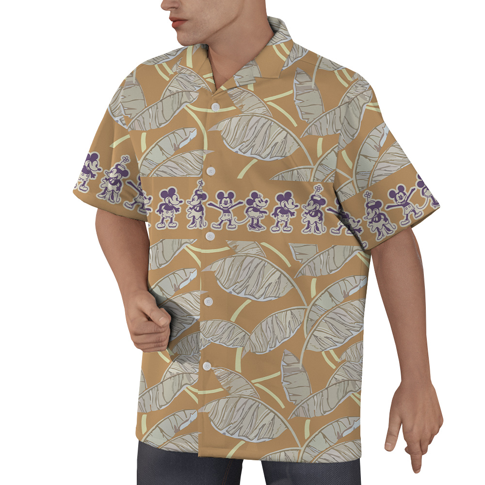Vintage Mickey Steamboat Willie Tropical Leaves Brown Hawaiian Shirt