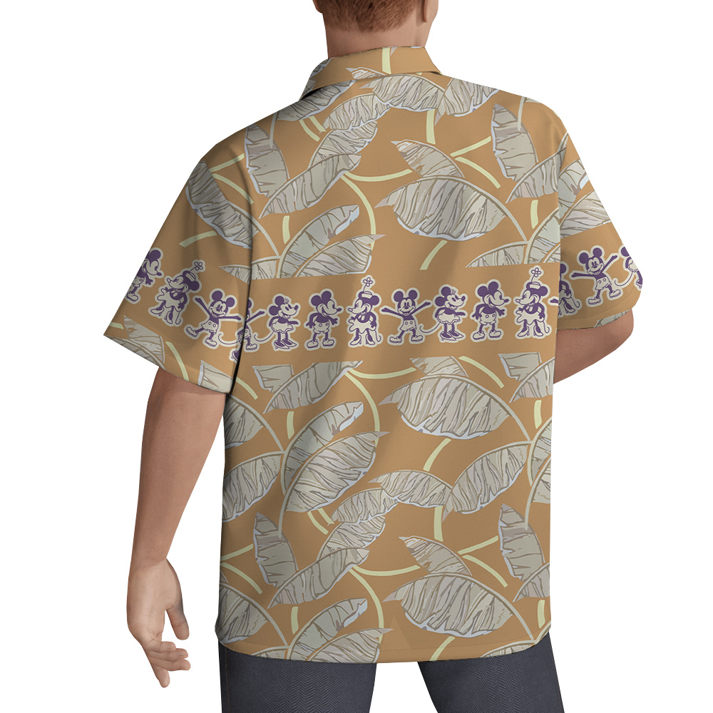 Vintage Mickey Steamboat Willie Tropical Leaves Brown Hawaiian Shirt