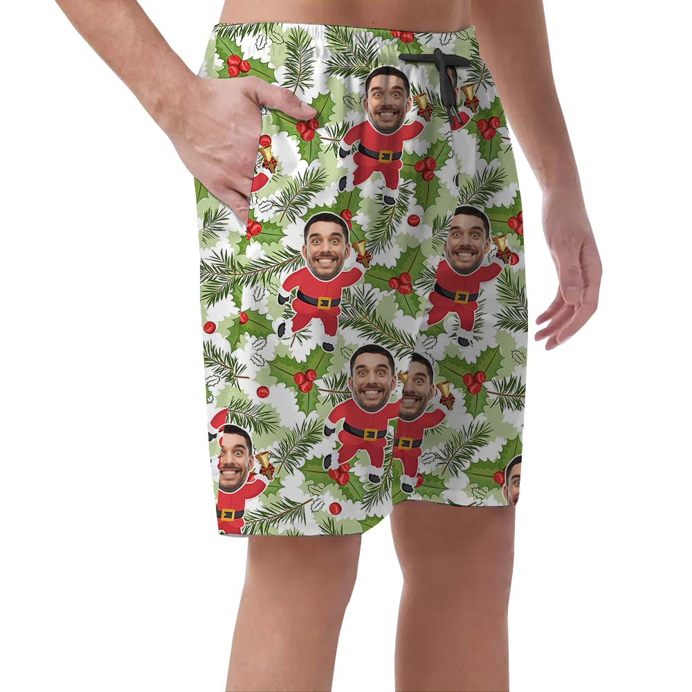 Custom Face Green Men's Shorts With Santa Pattern
