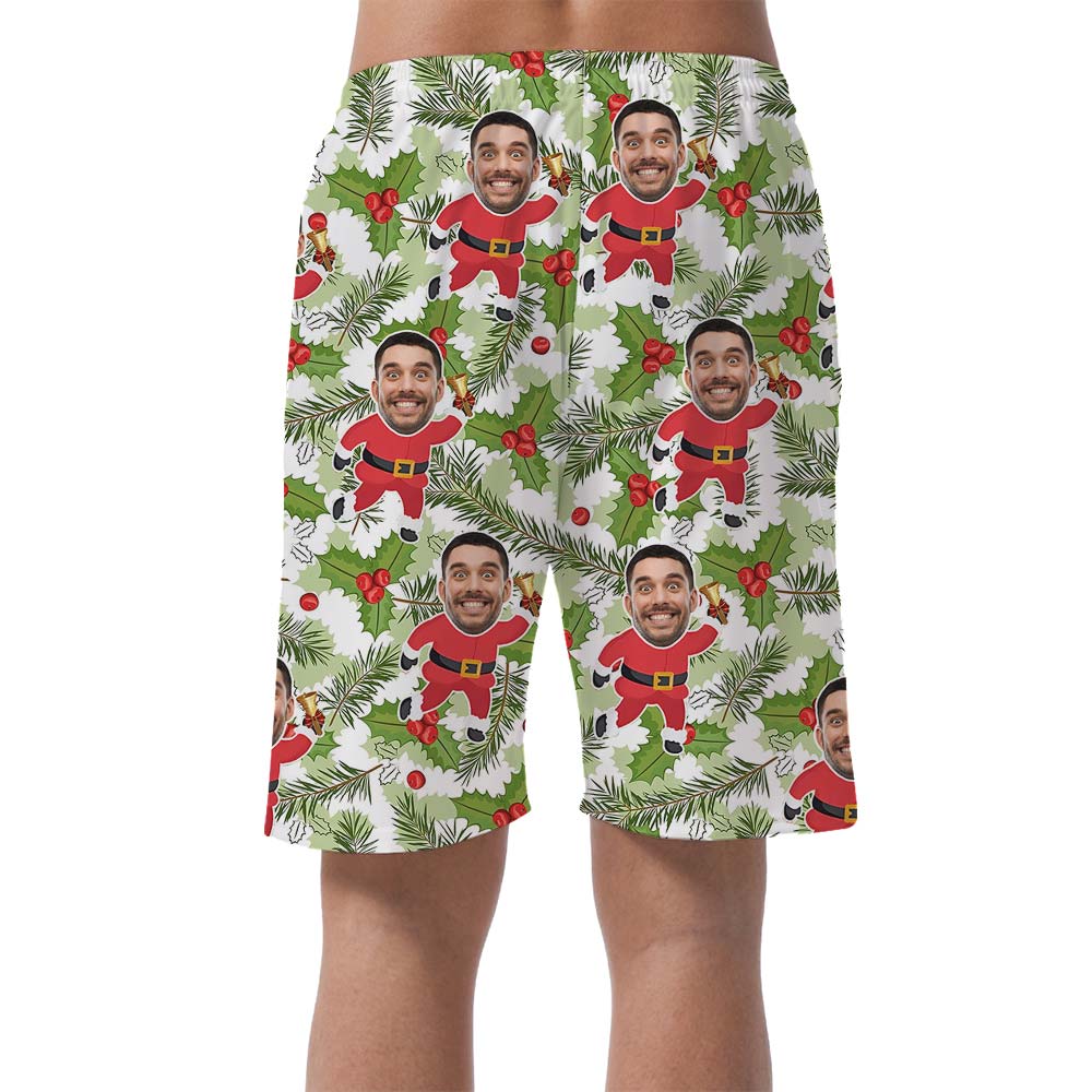 Custom Face Green Men's Shorts With Santa Pattern