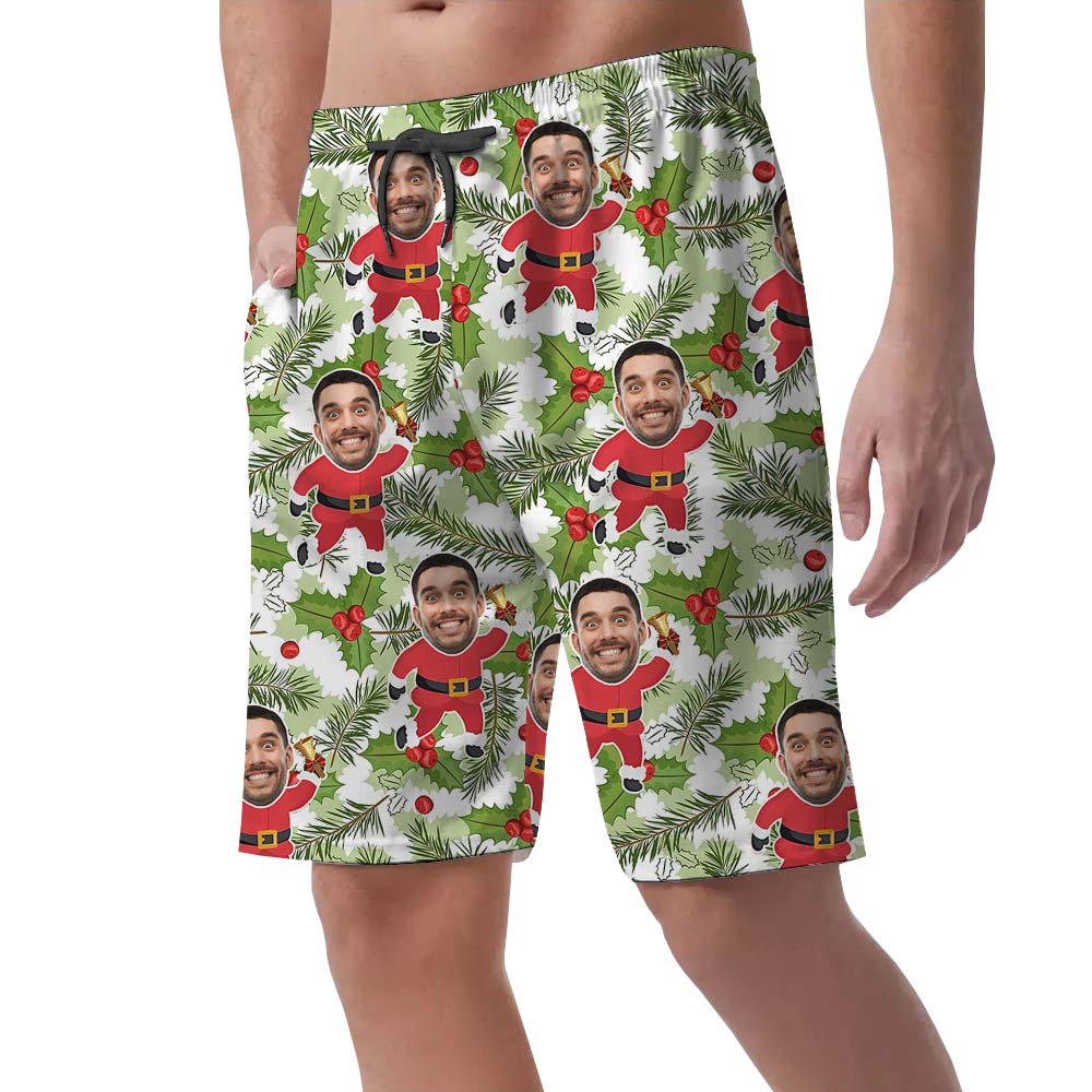Custom Face Green Men's Shorts With Santa Pattern