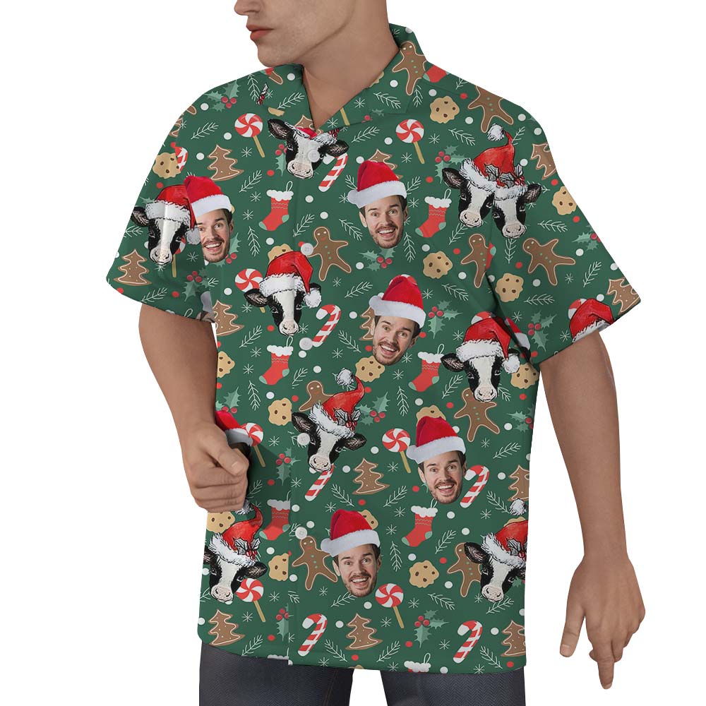 Cute Xmas Cow Custom Face Hawaiian Shirt For Men