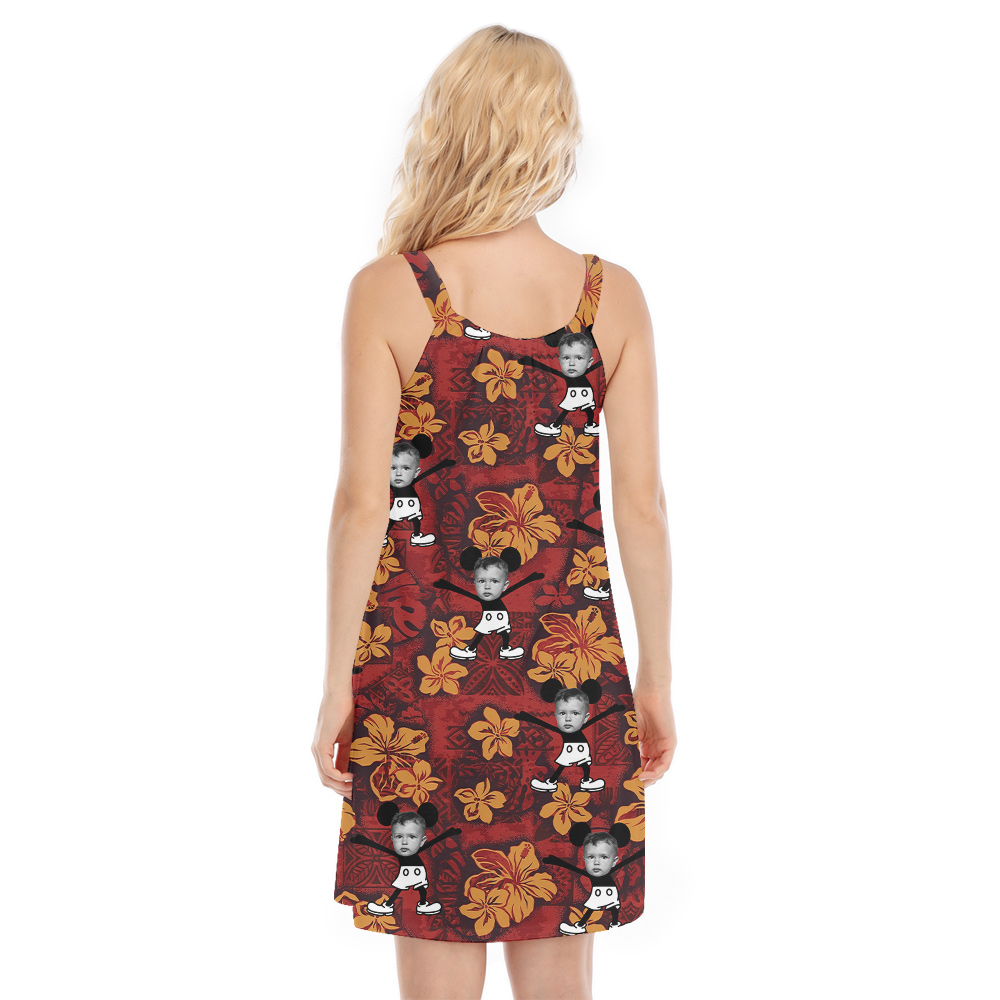 Cute Steamboat Willie Mickey Vintage Floral Aloha Cami Dress With Custom Face