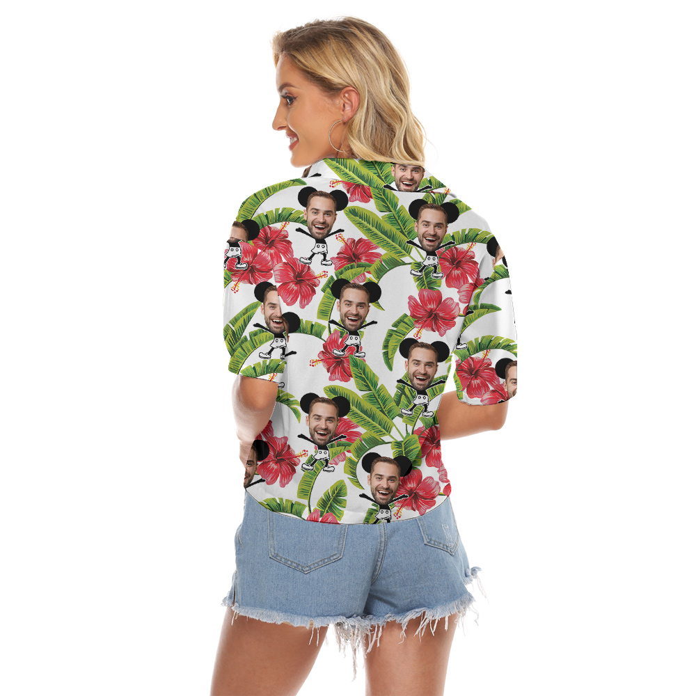 Floral Mickey Steamboat Willie Hawaiian Crop Top Shirt With Custom Face