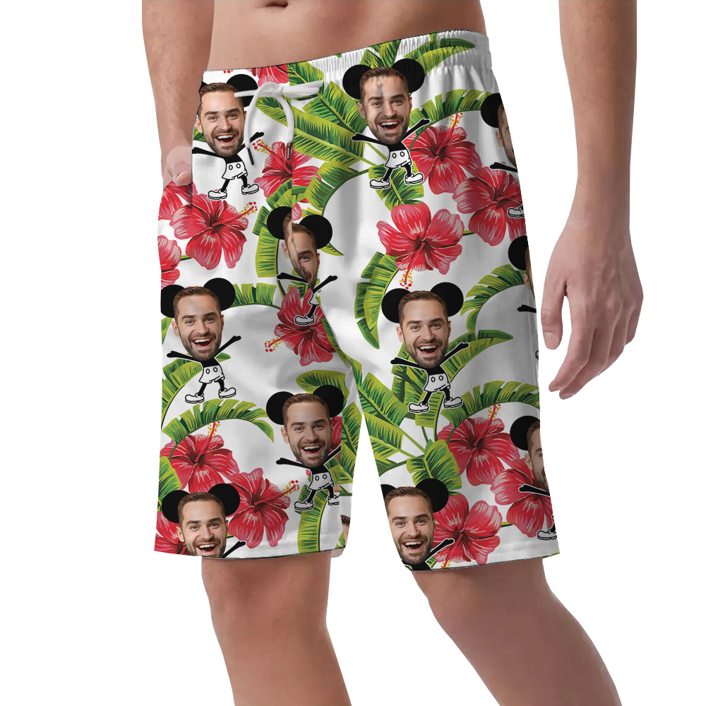 Cute Mickey Steamboat Willie Custom Face Men's Hawaiian Beach Shorts