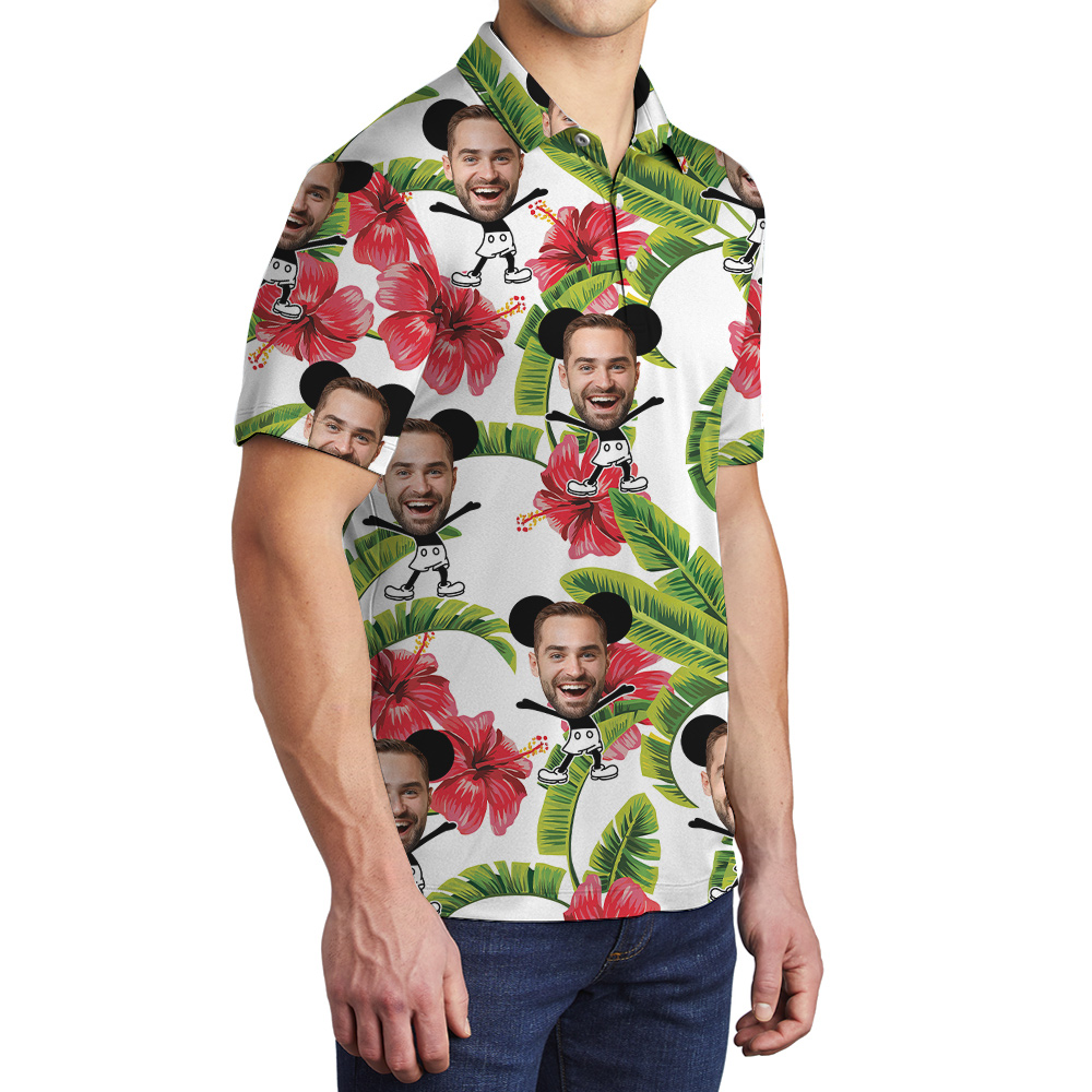 Funny Custom Face Steamboat Willie Mickey Floral Hawaiian Polo Shirt