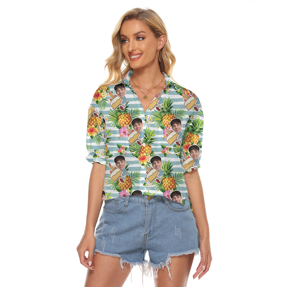 Pineapple Cheers Custom Face for Birthday Hawaiian Women's Cropped Shirt - variant image 1