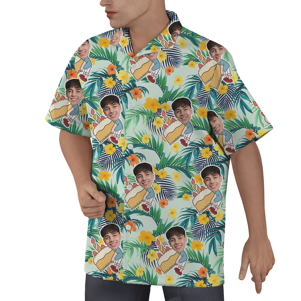 Tropical Green Custom Birthday Hawaiian Shirt for Men with Face