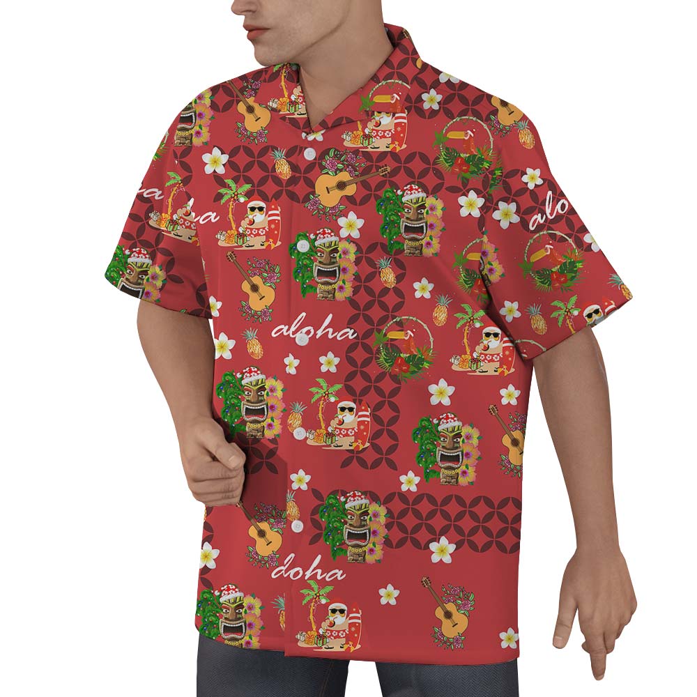Red Aloha Men's Shirt With Beach Santa
