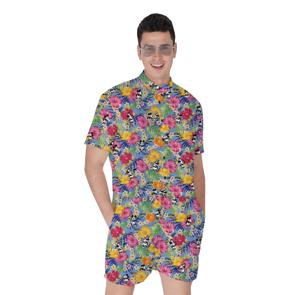 Funny Steamboat Willie Mickey Flowers Hawaiian Short Romper For Men - variant image 1