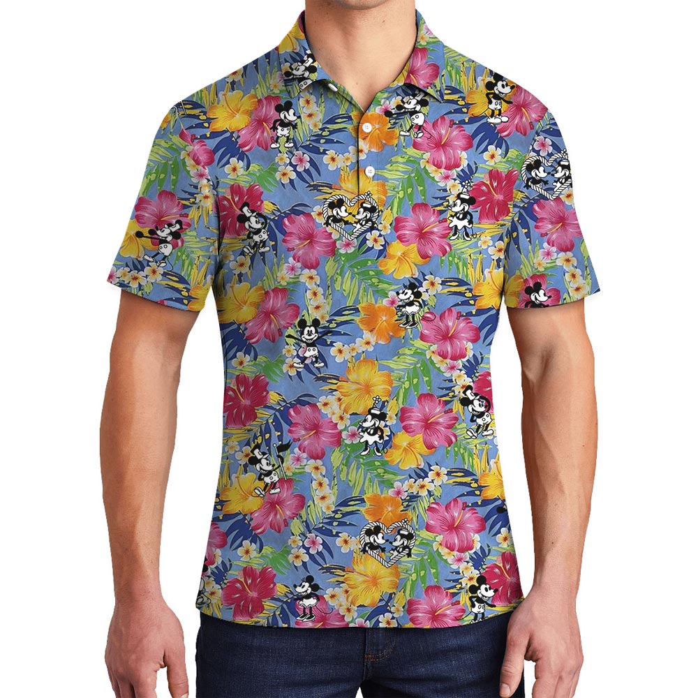 Floral Mickey Mouse Tropical Polo Shirt For Men Steamboat Willie - variant image 1