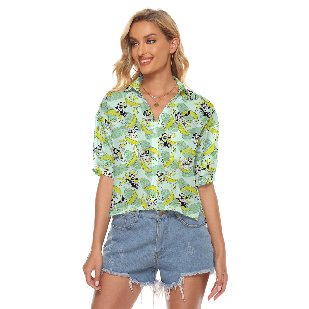 Cute Mickey Steamboat Willie Banana Hawaiian Crop Top Shirt For Women - variant image 1