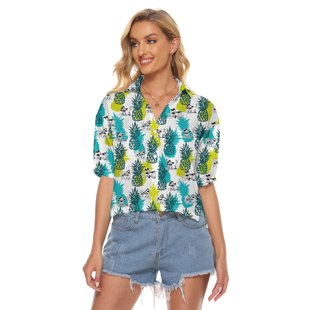 Cute Mickey Steamboat Willie Pineapple Hawaiian Crop Top Shirt - variant image 1