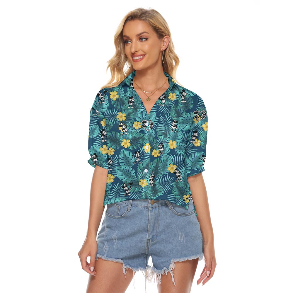 Floral Mickey Mouse Hawaiian Cropped Shirt For Women Steamboat Willie - variant image 1