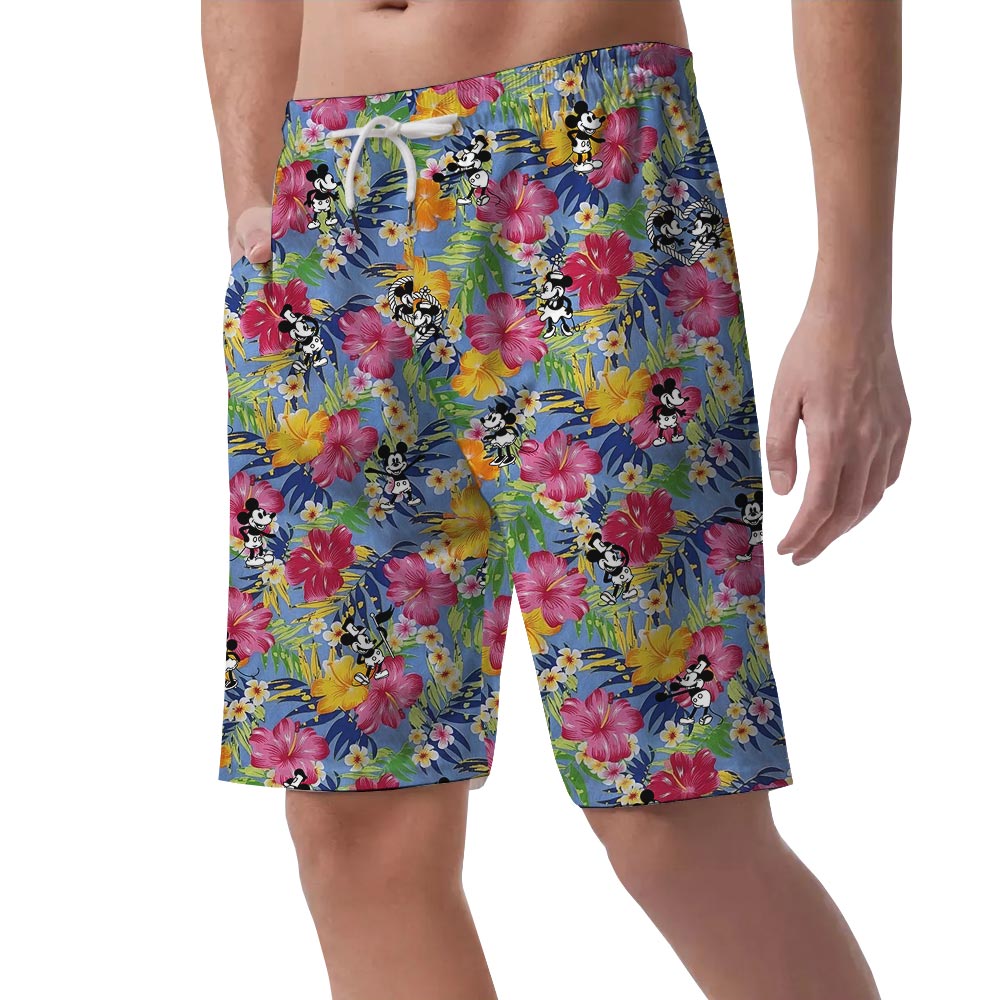 Funny Mickey Flowers Hawaiian Shorts For Men Steamboat Willie