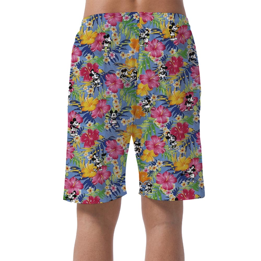 Funny Mickey Flowers Hawaiian Shorts For Men Steamboat Willie