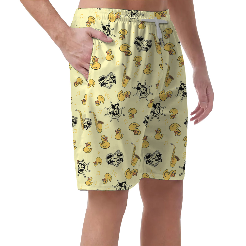 Cute Mickey Steamboat Willie Rubber Ducky Hawaiian Beach Shorts For Men