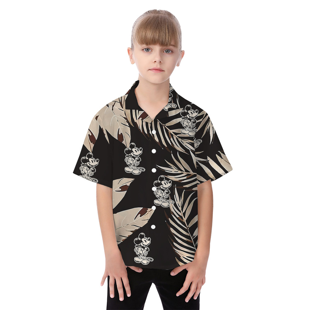 Matching Family Hawaiian Outfits in Mickey 1928 and Black Areca Palm and Bird Leaves