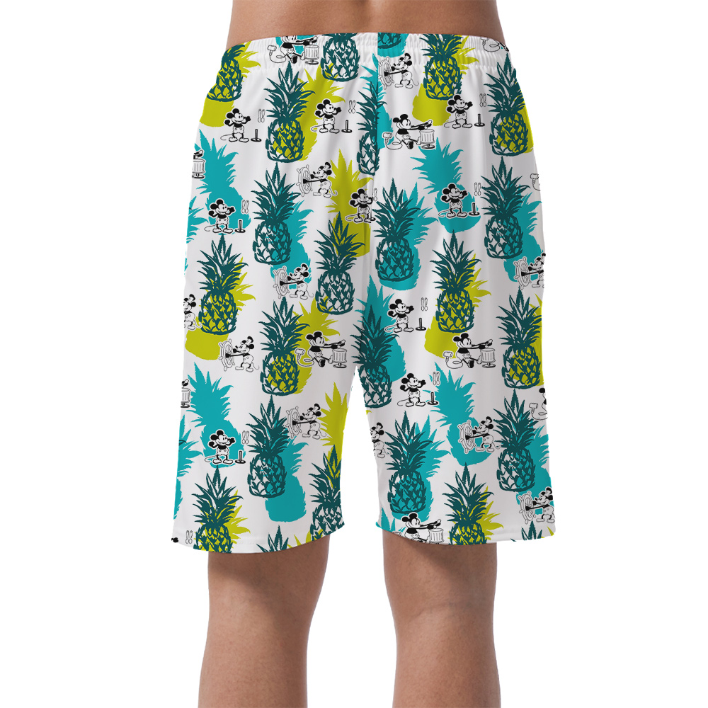 Cute Mickey Steamboat Willie Movie Pineapple Hawaiian Beach Shorts For Men