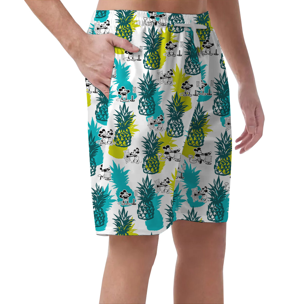 Cute Mickey Steamboat Willie Movie Pineapple Hawaiian Beach Shorts For Men