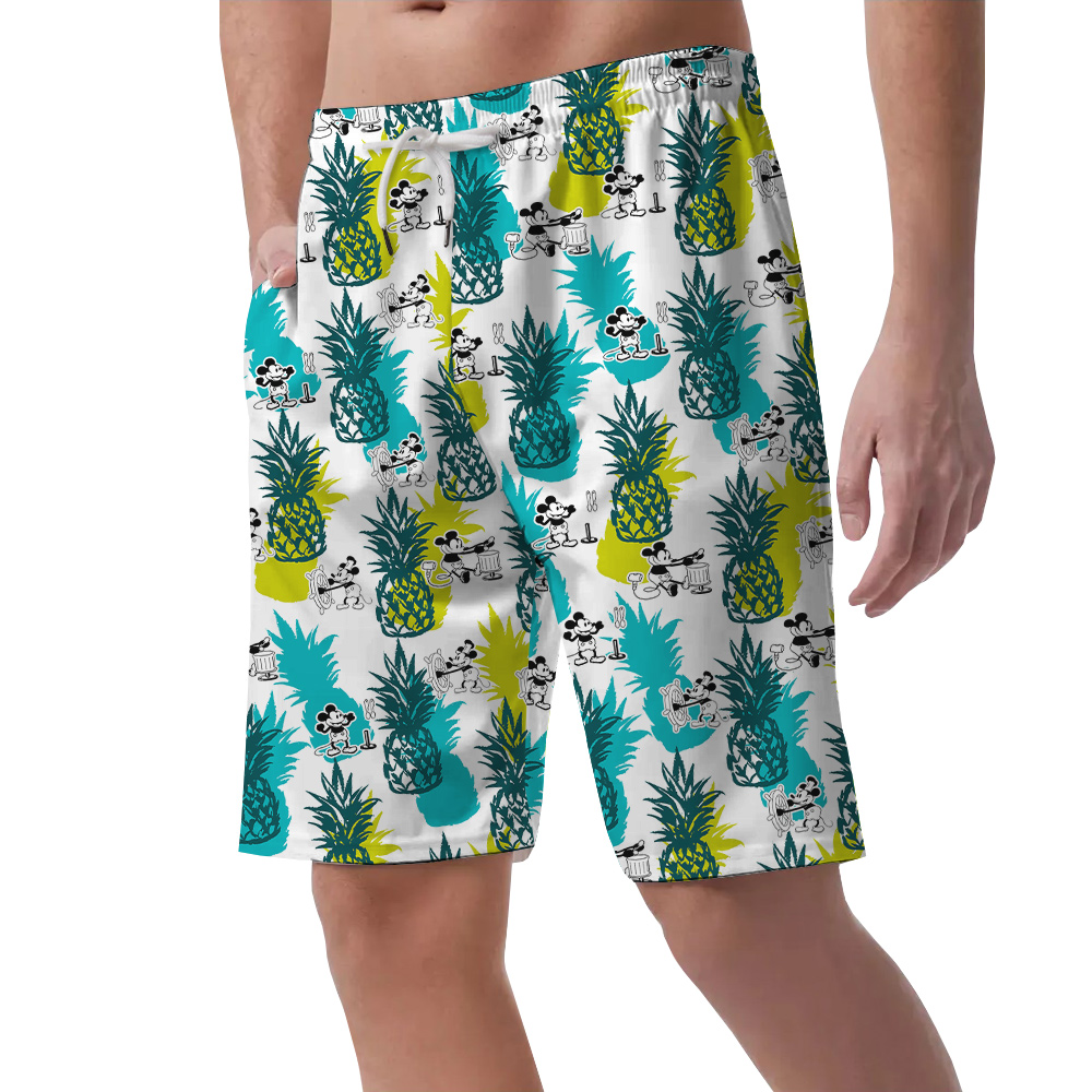 Cute Mickey Steamboat Willie Movie Pineapple Hawaiian Beach Shorts For Men